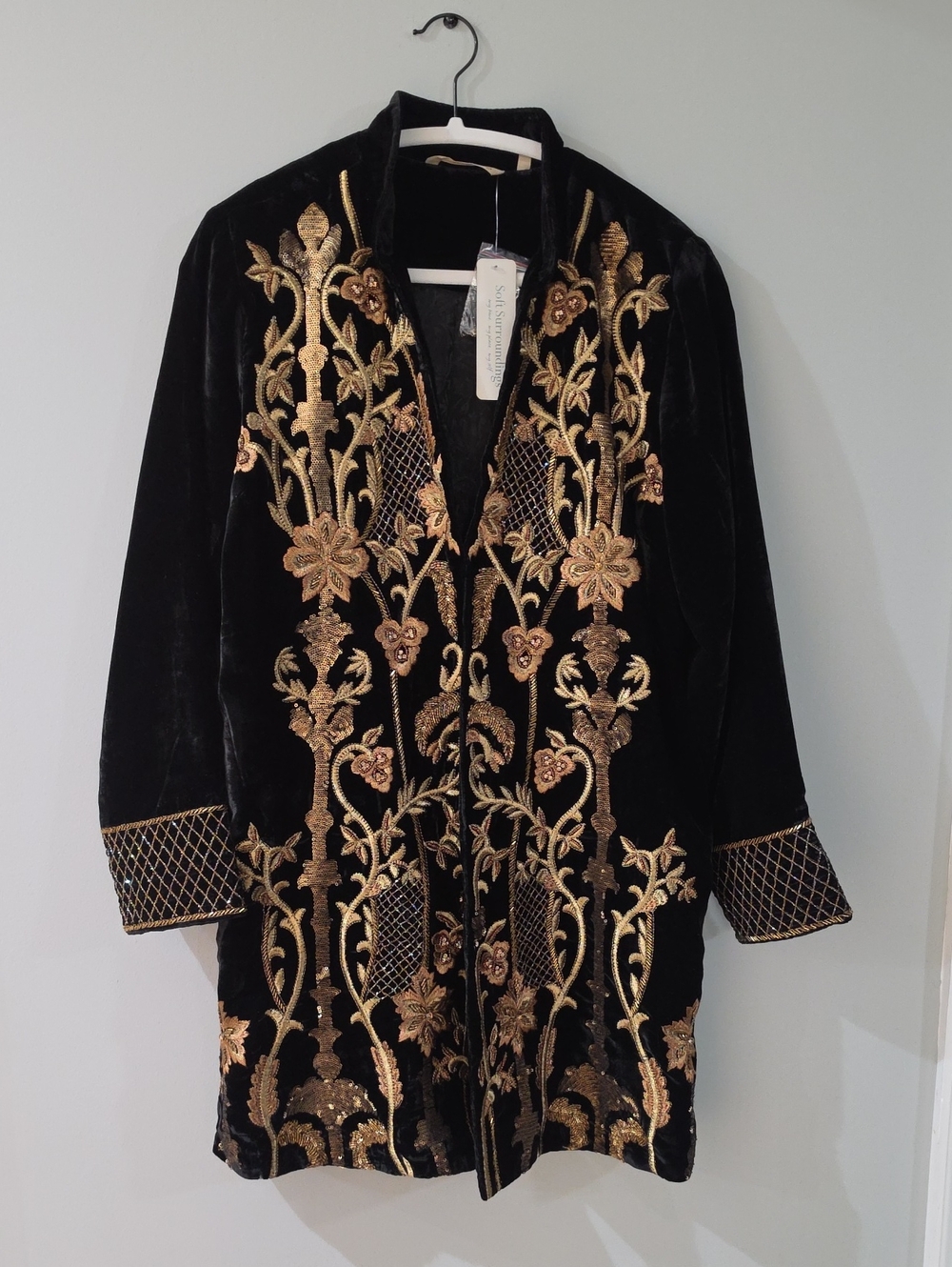 Soft Surroundings Black Velvet Jacket with Gold Embroidery